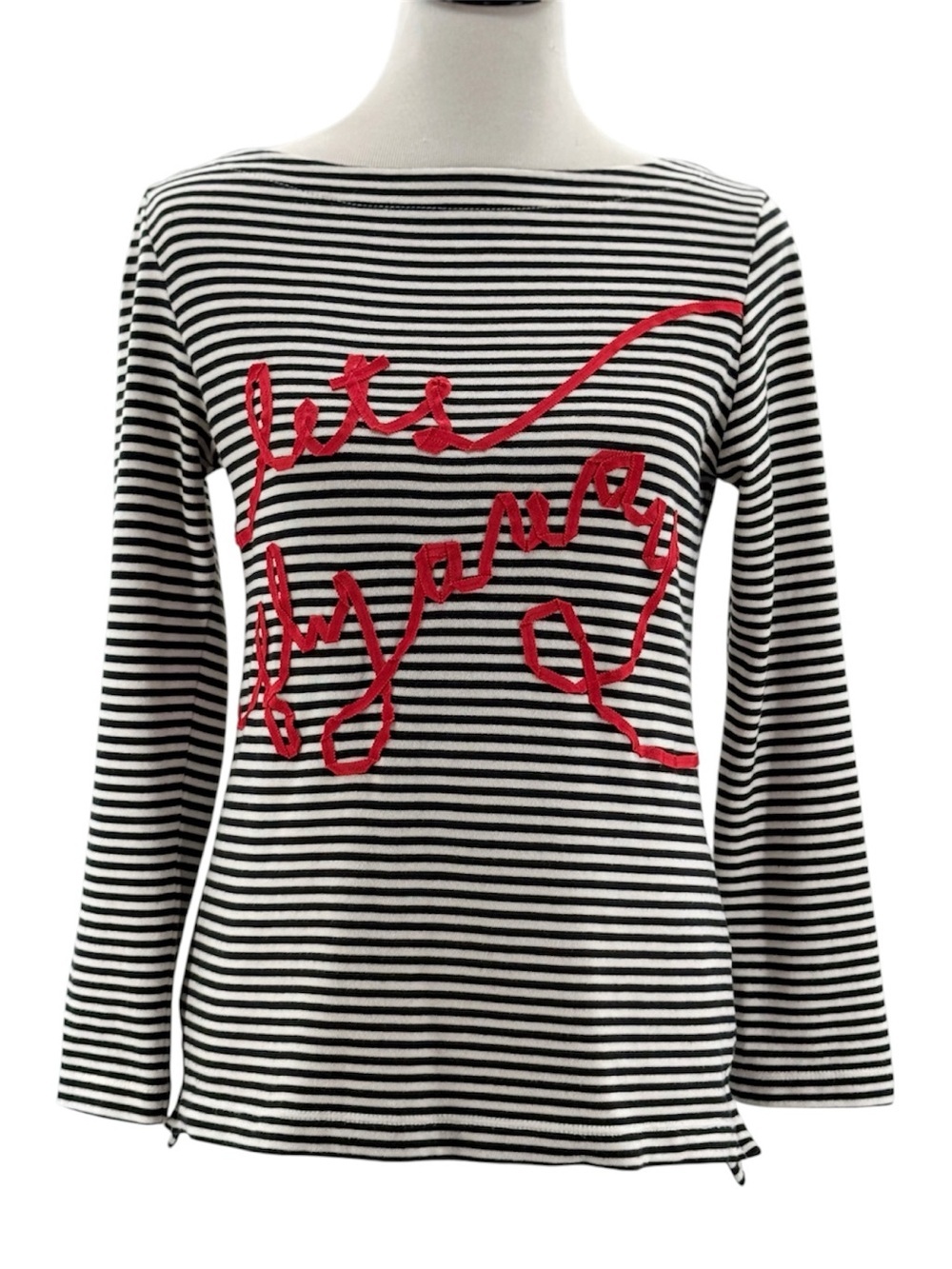 Kate Spade New York Black White Striped “Let’s Fly Away” Embroidered Boat Neck